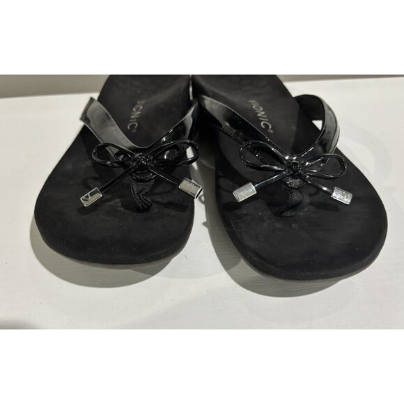 Vionic Bella II Sandal 9 Black Patent Leather Bow Orthotic Comfort Slip On Thong - Picture 5 of 7